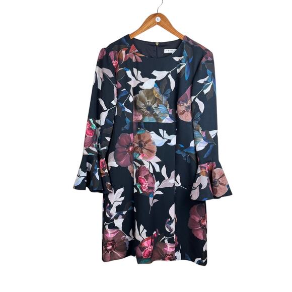 Trina Turk Panache 2 Faye Black Floral Flounce Bell Sleeve Cocktail Shift Dress - Picture 10 of 13